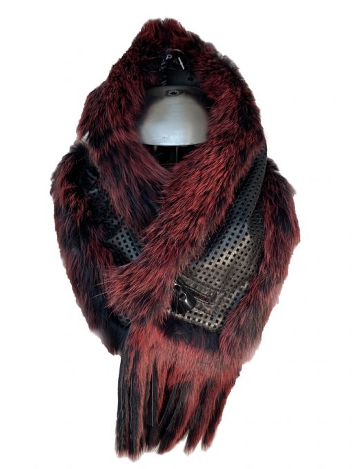 Reversible velvet side scarf / Fox-trimmed leather side scarf